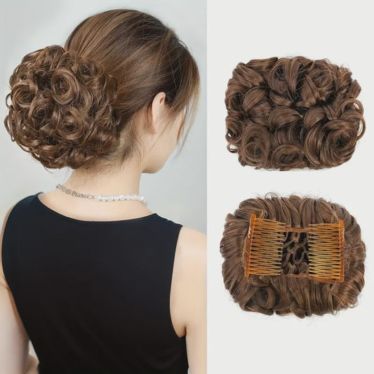 6 inch Curly Hair Buns Combs In Synthetic Ponytail Extension (Medium Auburn Mixed)