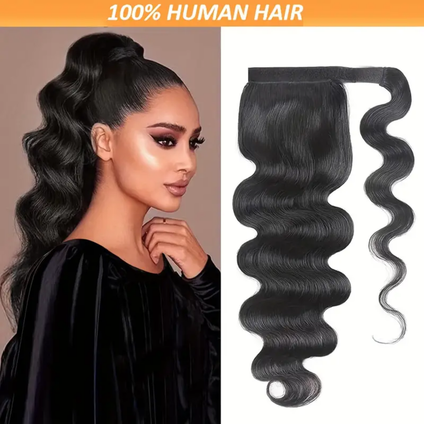 Ultimate Elegance: 16-inch Long Luxurious Natural Human Hair Body Wave Wrap Around Clip In, Ponytail Extension