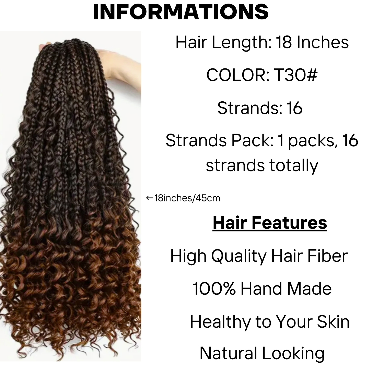 18 inches Box Braids Synthetic Crochet Hair w/ Curly Ends, T30#