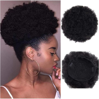 Real Human Hair Short Curly Puff Bun Drawstring Ponytail Extension (Off Black)