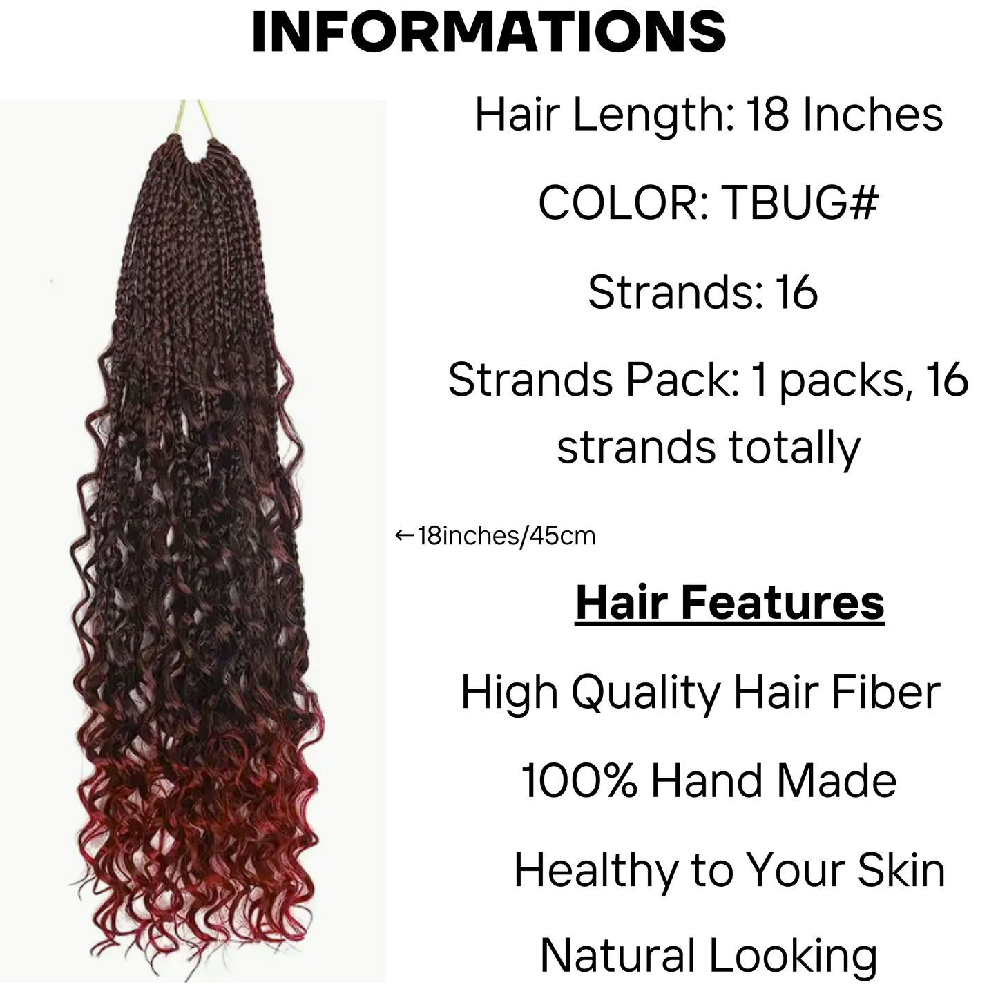 18 inches Box Braids Synthetic Crochet Hair w/ Curly Ends, TBUG#