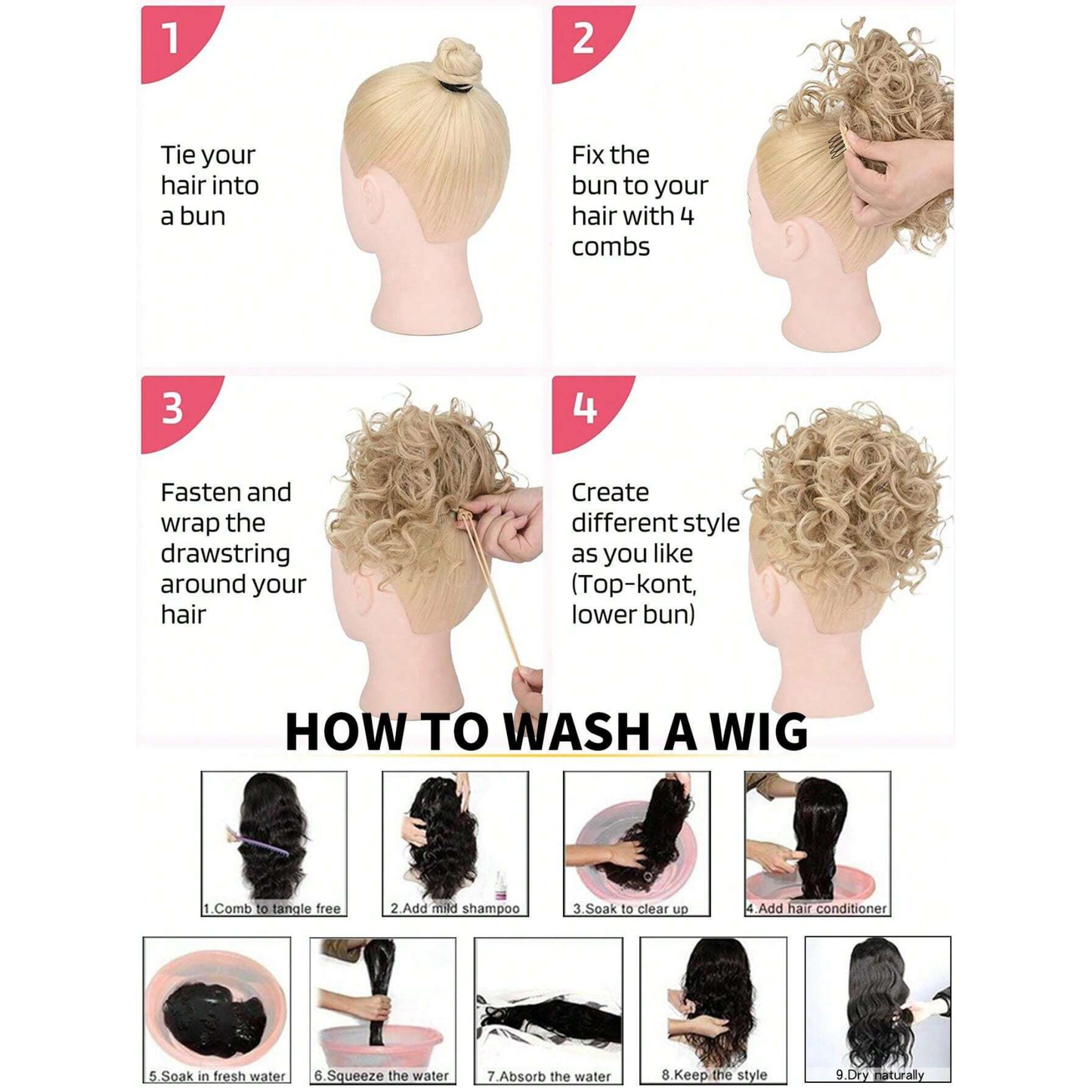 4 inch Afro Puff Drawstring Synthetic Hair Bun Curly Ponytail Extension (Black)