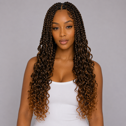 Woman with long, curly hair wearing a white top against a gray background