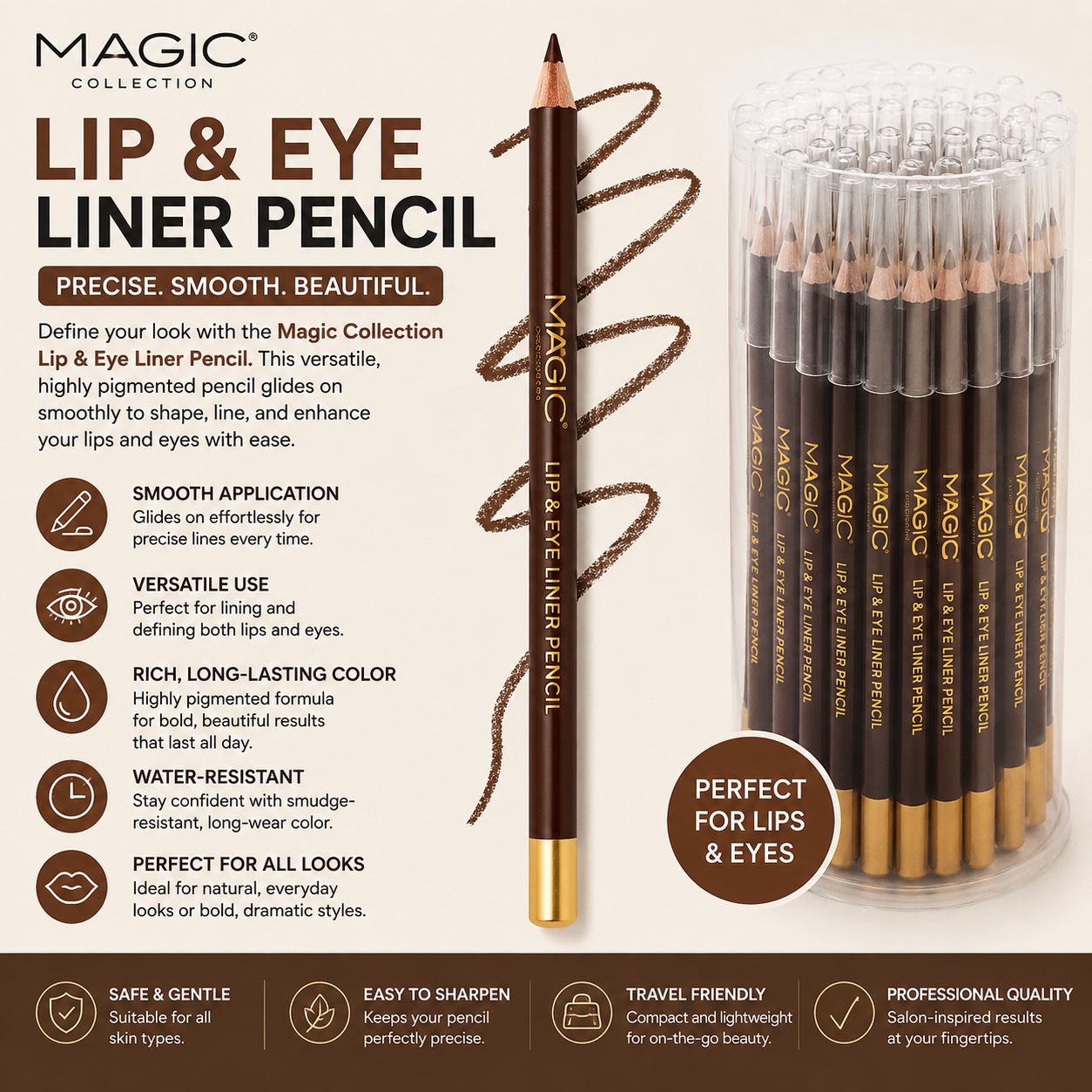 Magic Collection lip and eye liner pencil with packaging and features listed on a beige background