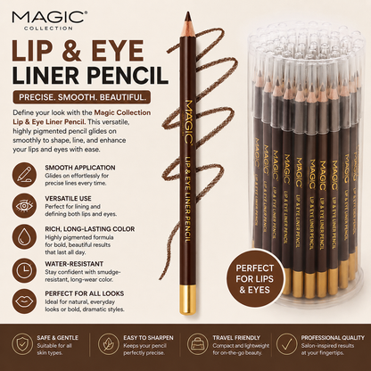Magic Collection lip and eye liner pencil with packaging and features listed on a beige background