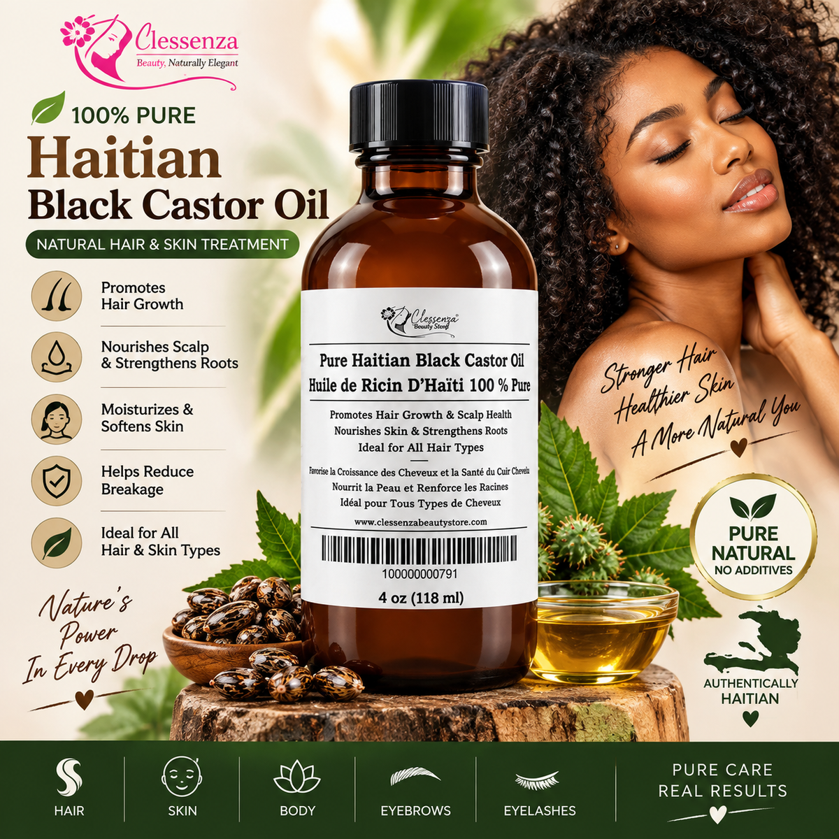 100% Pure Haitian Black Castor Oil – Natural Hair & Skin Treatment, 4 oz Clessenza Beauty Store