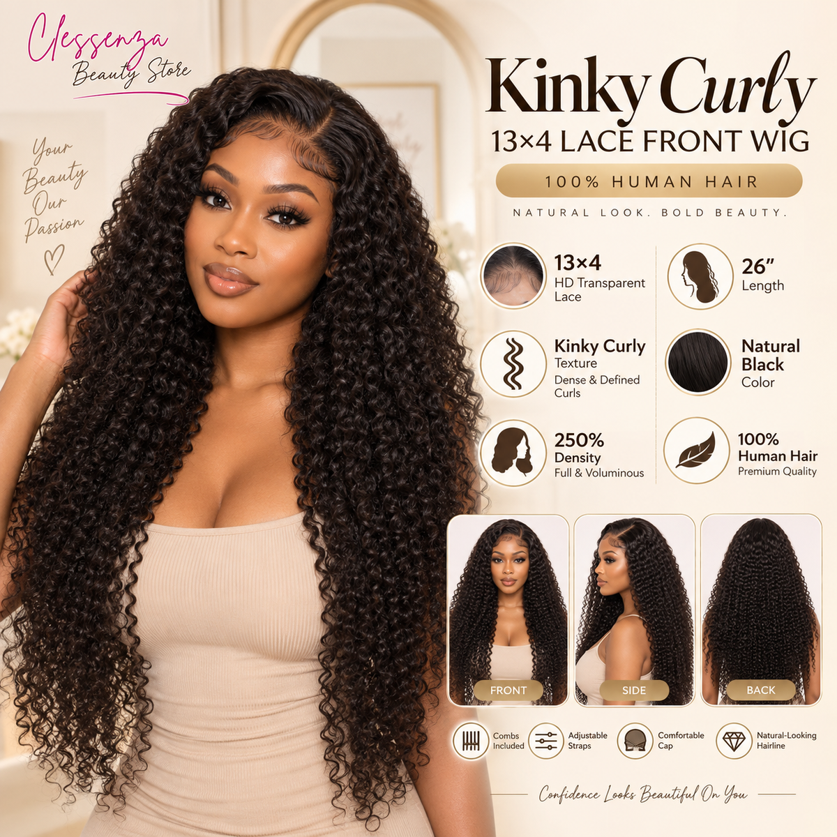 13×4 Lace Front Human Hair Wig – Kinky Curly 26″ – Natural Black – 250% Density Clessenza Beauty Store