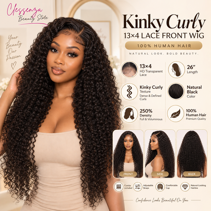 13×4 Lace Front Human Hair Wig – Kinky Curly 26″ – Natural Black – 250% Density Clessenza Beauty Store