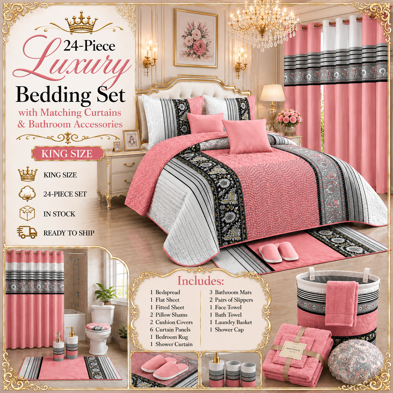 24-Piece King Size Luxury Bedding Set with Curtains & Bathroom Accessories – Blush Pink, Black & Gray Elegance Clessenza Beauty Store