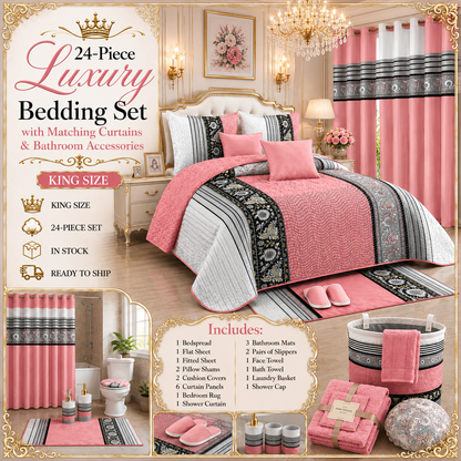 24-Piece King Size Luxury Bedding Set with Curtains & Bathroom Accessories – Blush Pink, Black & Gray Elegance Clessenza Beauty Store