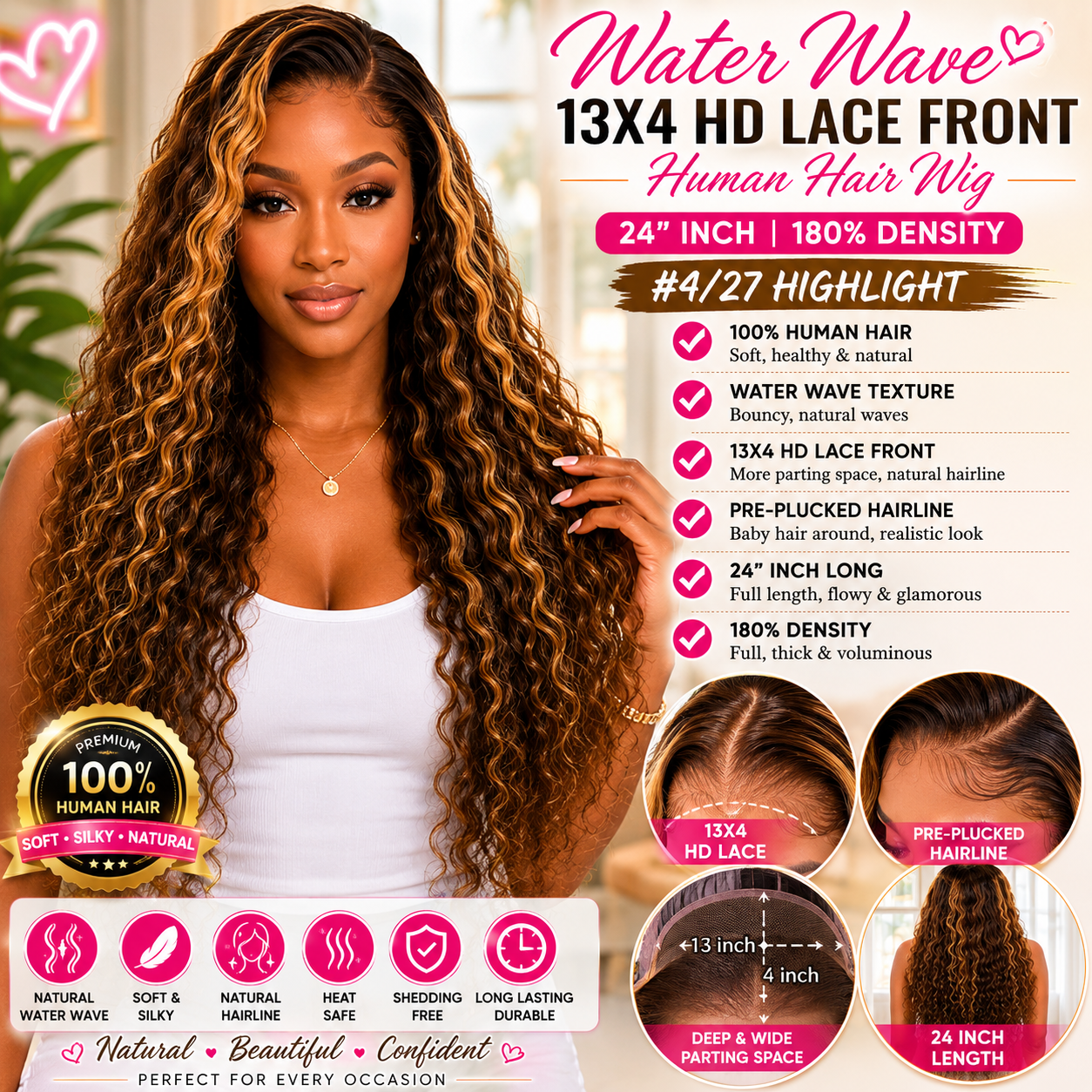 Water Wave 13x4 HD Lace Front Human Hair Wig 24″ – #4/27 Highlight, 180% Density