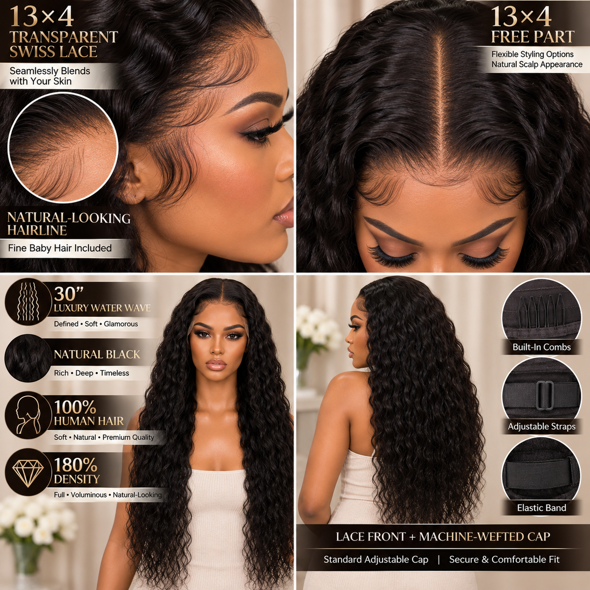 13×4 Lace Front Human Hair Wig – Luxury Water Wave 30″ – Natural Black – 180% Density Clessenza Beauty Store