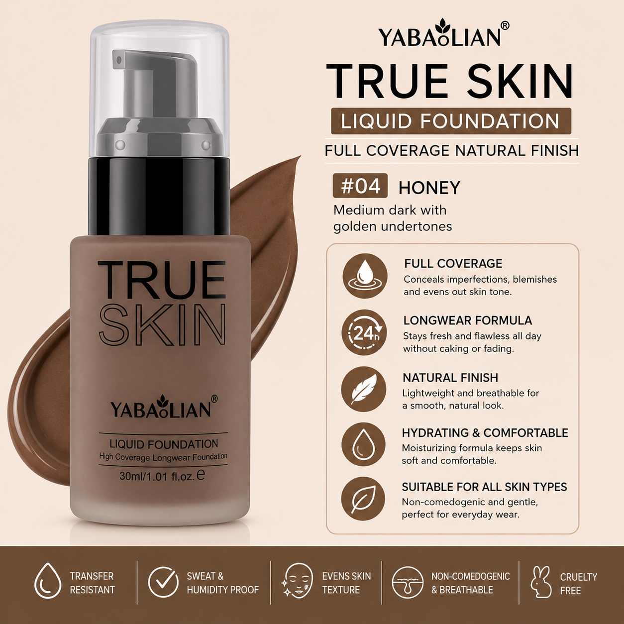 Yabaolian True Skin Liquid Foundation – Full Coverage Natural Finish Foundation Clessenza Beauty Store