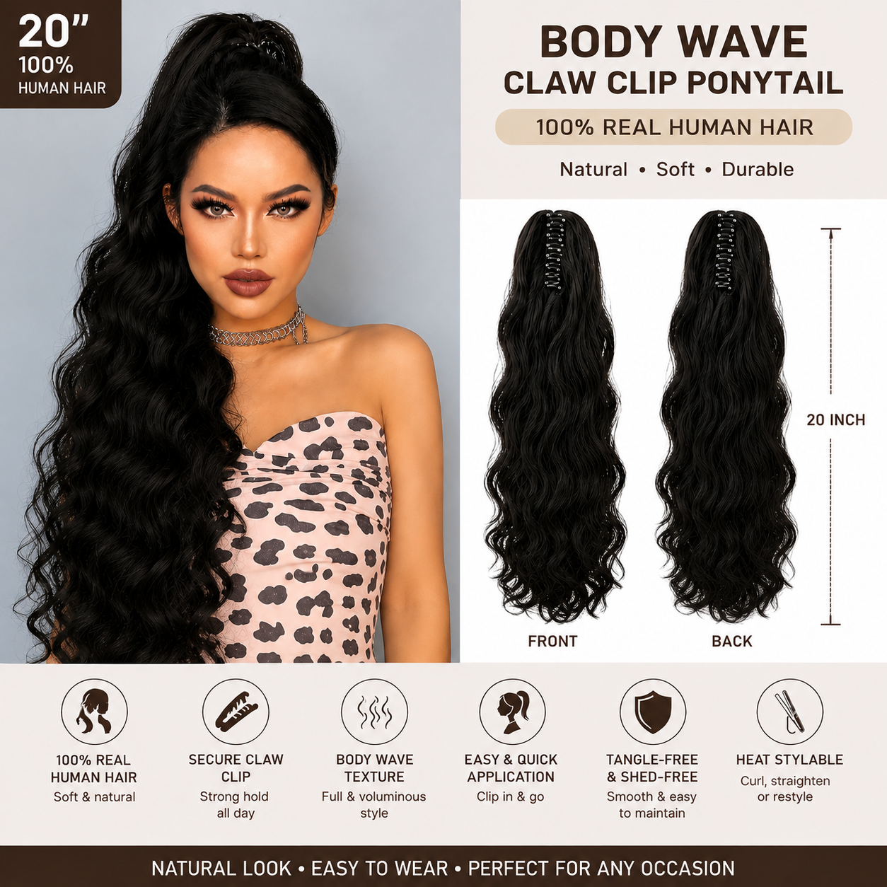 Extension Ponytail Body Wave à pince griffe en cheveux humains 100 % naturels