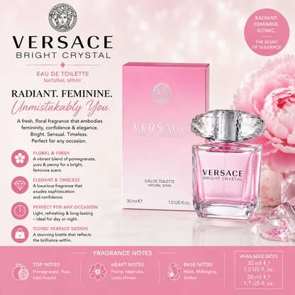 Versace Bright Crystal Eau de Toilette for Women – Luxury Floral Fruity Perfume Spray