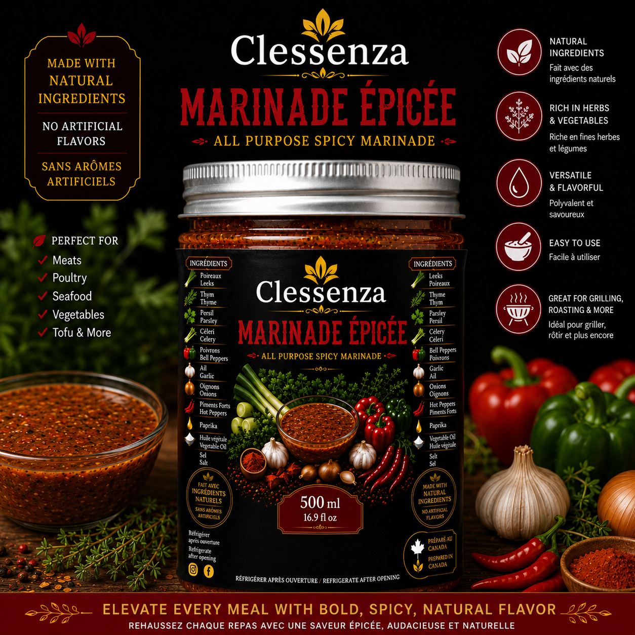 Clessenza Spicy All Purpose Marinade – Natural Hot Herb Seasoning Sauce 500ml