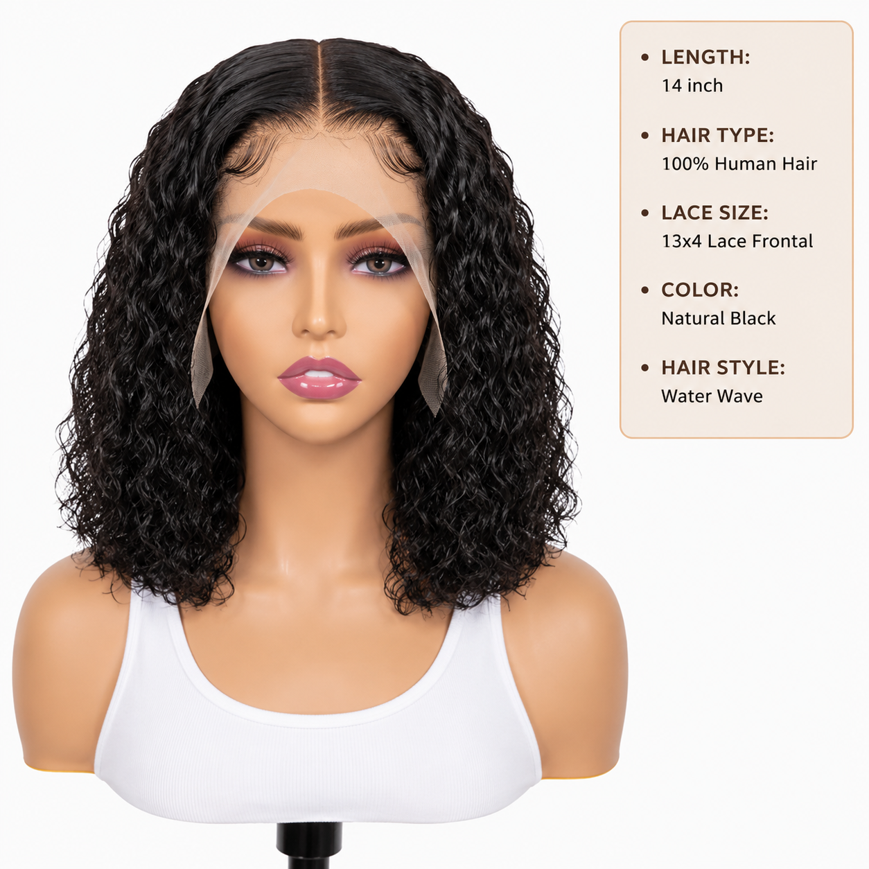 14″ Water Wave Bob Wig – 13x4 Lace Frontal Human Hair, Natural Black Clessenza Beauty Store