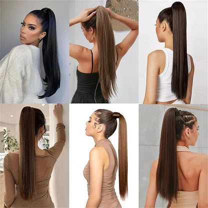 24-Inch Heat Resistant Straight Synthetic Ponytail Extensions w/ Elastic Band