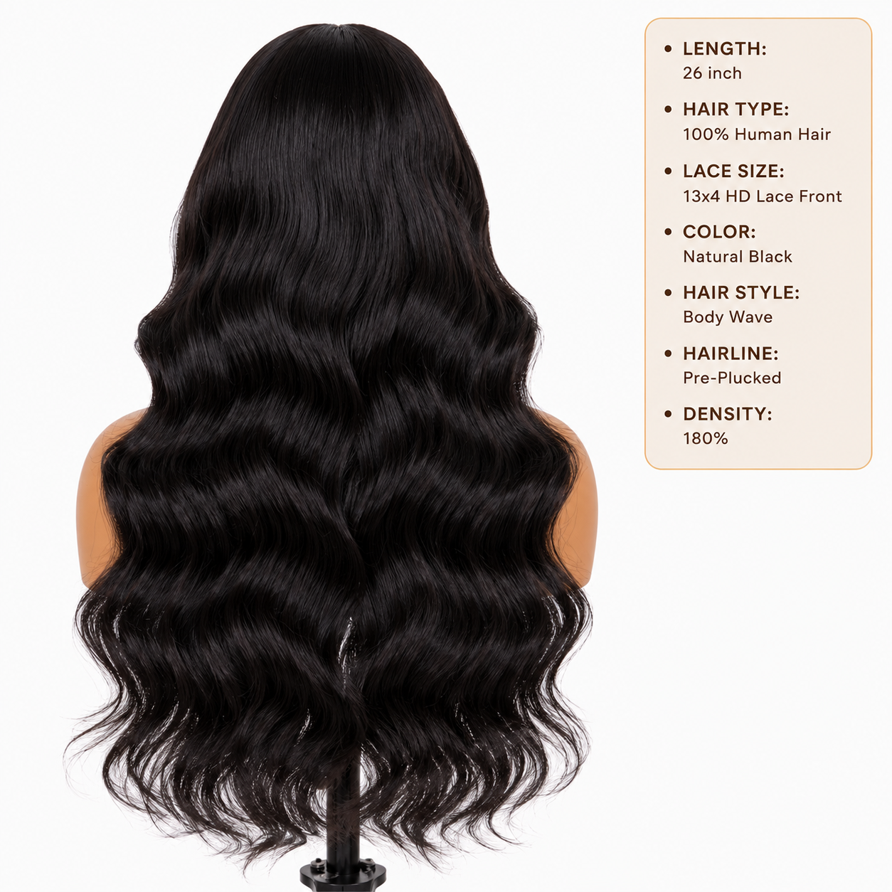 26″ Body Wave 13x4 HD Lace Front Human Hair Wig – Natural Black, Pre-Plucked, 180% Density Clessenza Beauty Store