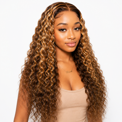 Perruque Lace Front Water Wave 13x4 24 po – Couleur #4/27 Méchée, Cheveux Humains Haute Densité 180 %