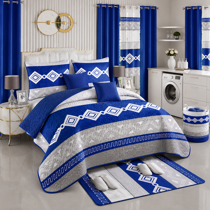 24-Piece King Size Blue & White Geometric Luxury Bedding Set with Curtains & Bathroom Accessories