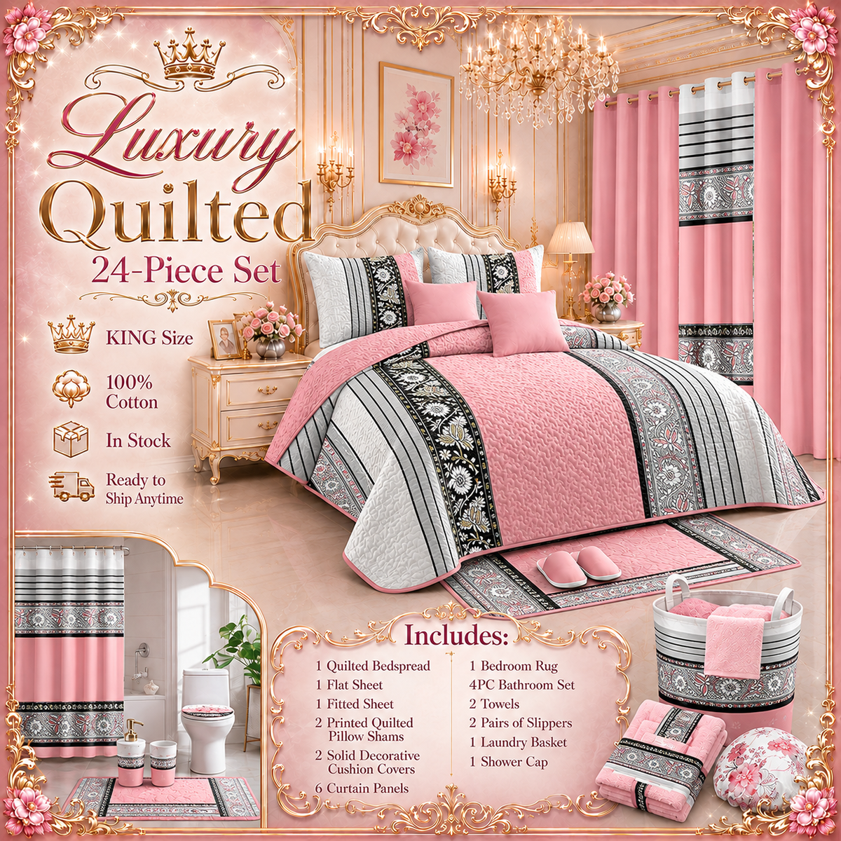 24-Piece King Size Luxury Bedding Set with Curtains & Bathroom Accessories – Blush Pink, Black & Gray Elegance Clessenza Beauty Store