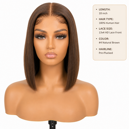 13x4 HD Lace Front Human Hair Bob Wig – Straight 10″ #4 Natural Brown Clessenza Beauty Store