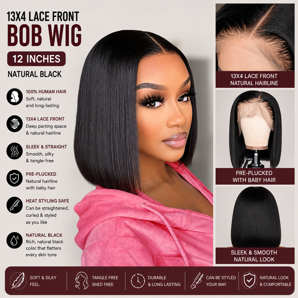 Everyday Wear Human Hair Bob Wig – 13×4 Lace Front, 12″ Natural Black