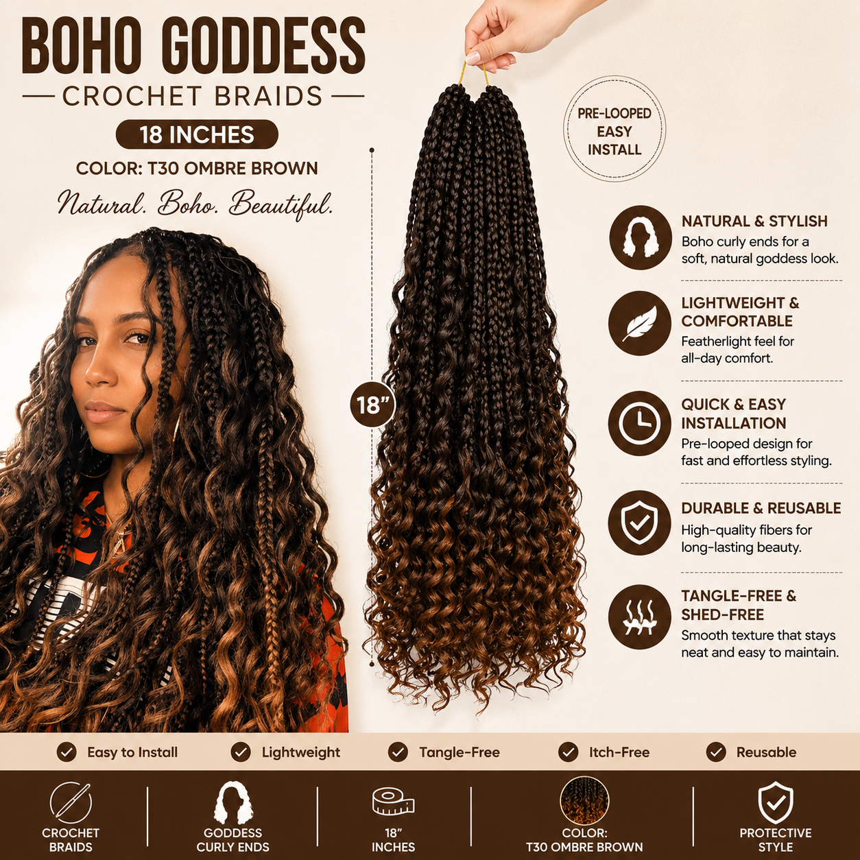 Boho Goddess Crochet Braids 18″ – Curly-End Protective Braiding Hair, #T30 Ombre Brown Clessenza Beauty Store