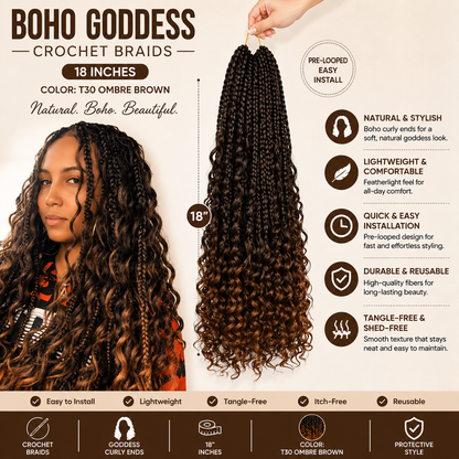 Boho Goddess Crochet Braids 18″ – Curly-End Protective Braiding Hair, #T30 Ombre Brown Clessenza Beauty Store