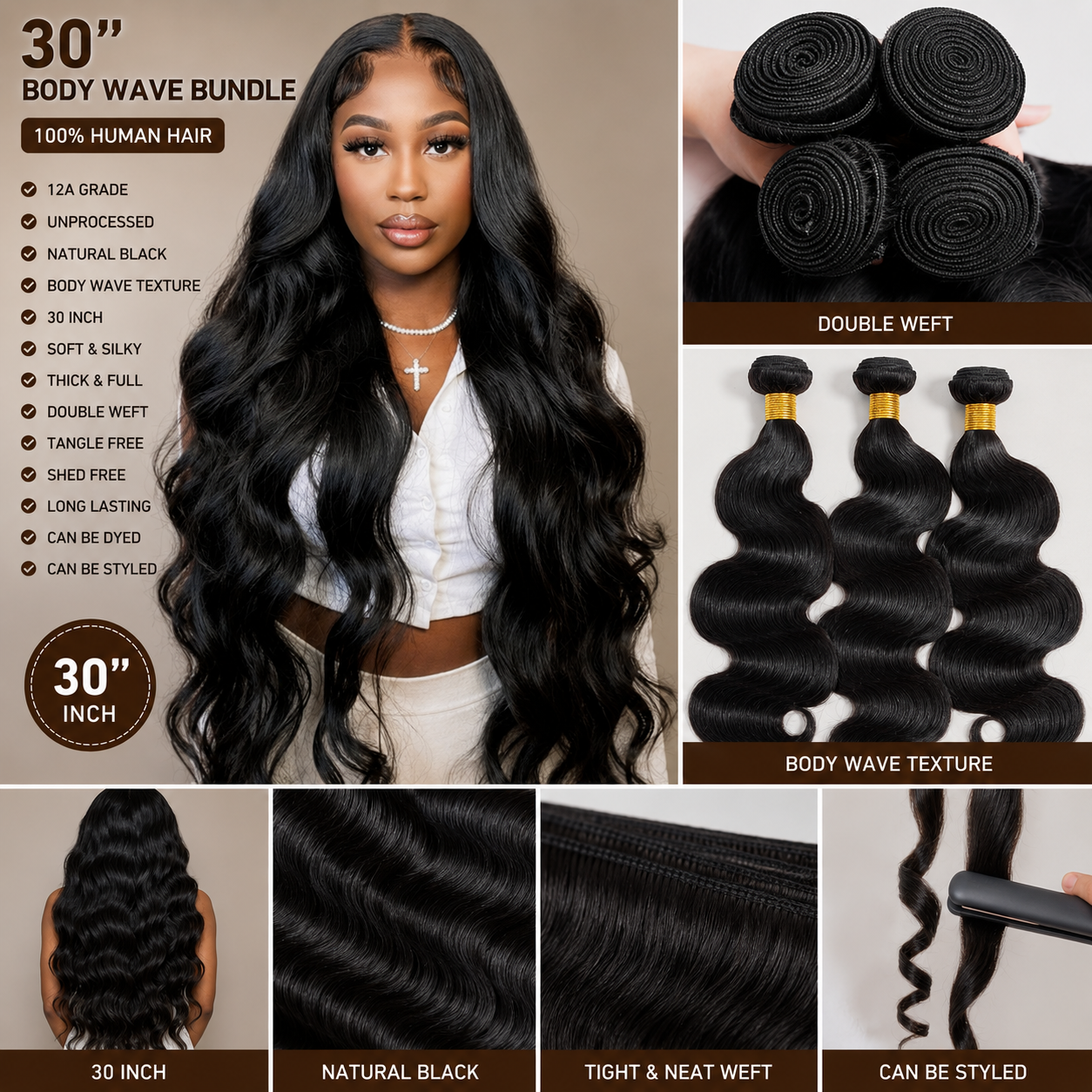 Extension de Cheveux Humains Non Traités Grade 12A – Tissage Ondulé Body Wave 30 po (1 Paquet)
