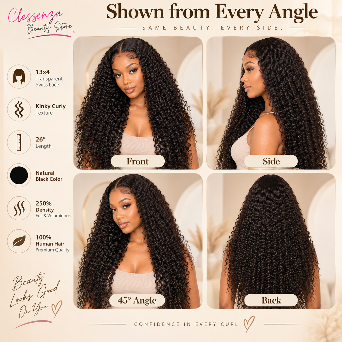 13×4 Lace Front Human Hair Wig – Kinky Curly 26″ – Natural Black – 250% Density Clessenza Beauty Store
