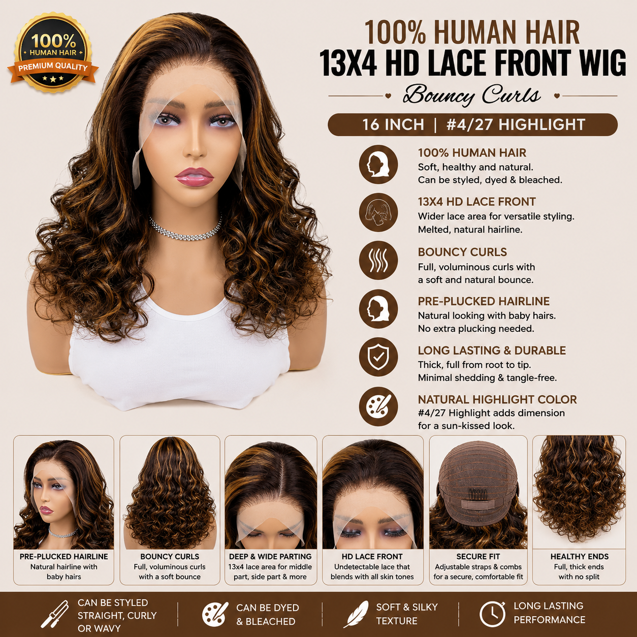 100% Human Hair Curly 13x4 HD Lace Front Wig – 16″ Bouncy Curls, #4/27 Highlight