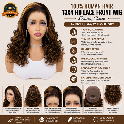 100% Human Hair Curly 13x4 HD Lace Front Wig – 16″ Bouncy Curls, #4/27 Highlight