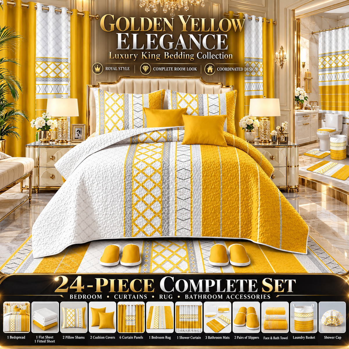 24-Piece Luxury King Size Bedding Set with Matching Curtains & Bathroom Accessories – Golden Yellow Geometric Elegance Clessenza Beauty Store