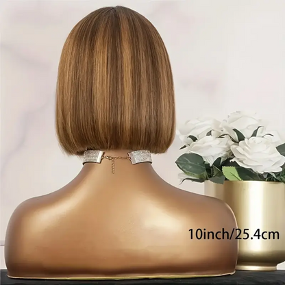 Splendid Medium Brown & Honey Blonde highlights Human Hair Bob Wig - 13x4 Lace Frontal, 4/27, 10 inches