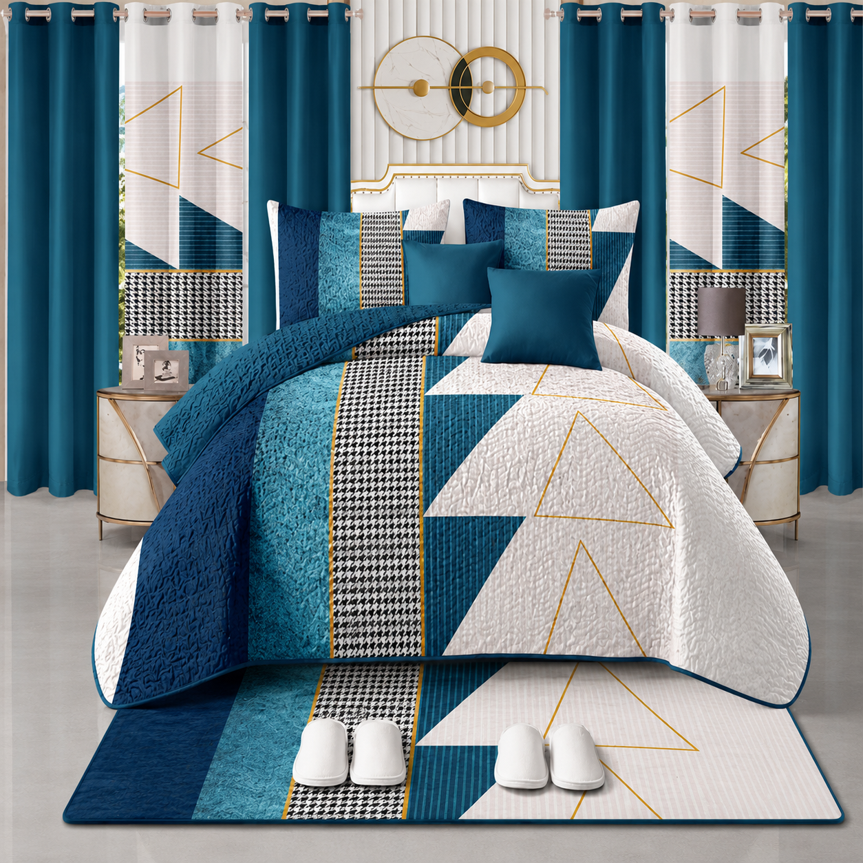 Modern bedroom with blue and white geometric bedding, matching curtains, and rug.