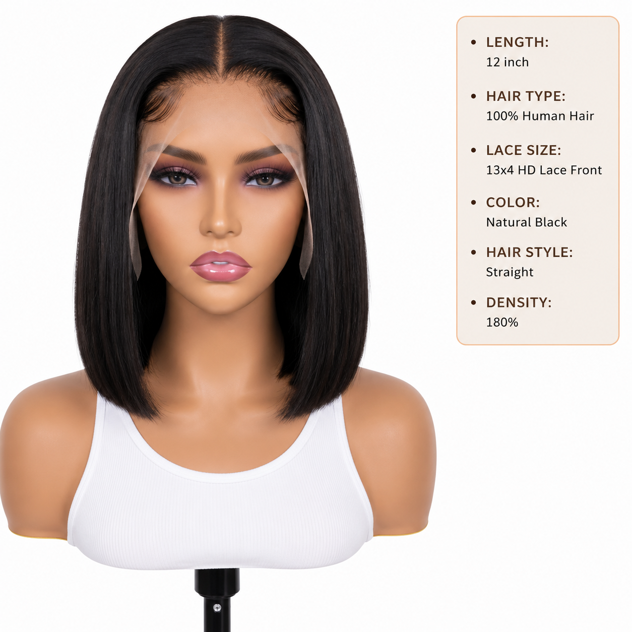 12″ Straight HD Lace Front Human Hair Bob Wig – 13x4 Natural Black Clessenza Beauty Store