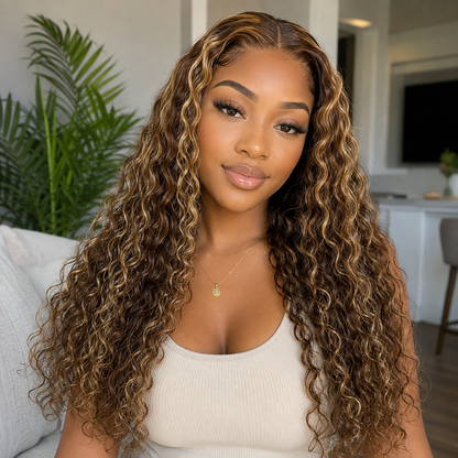 Water Wave 13x4 HD Lace Front Human Hair Wig 24″ – #4/27 Highlight, 180% Density Clessenza Beauty Store