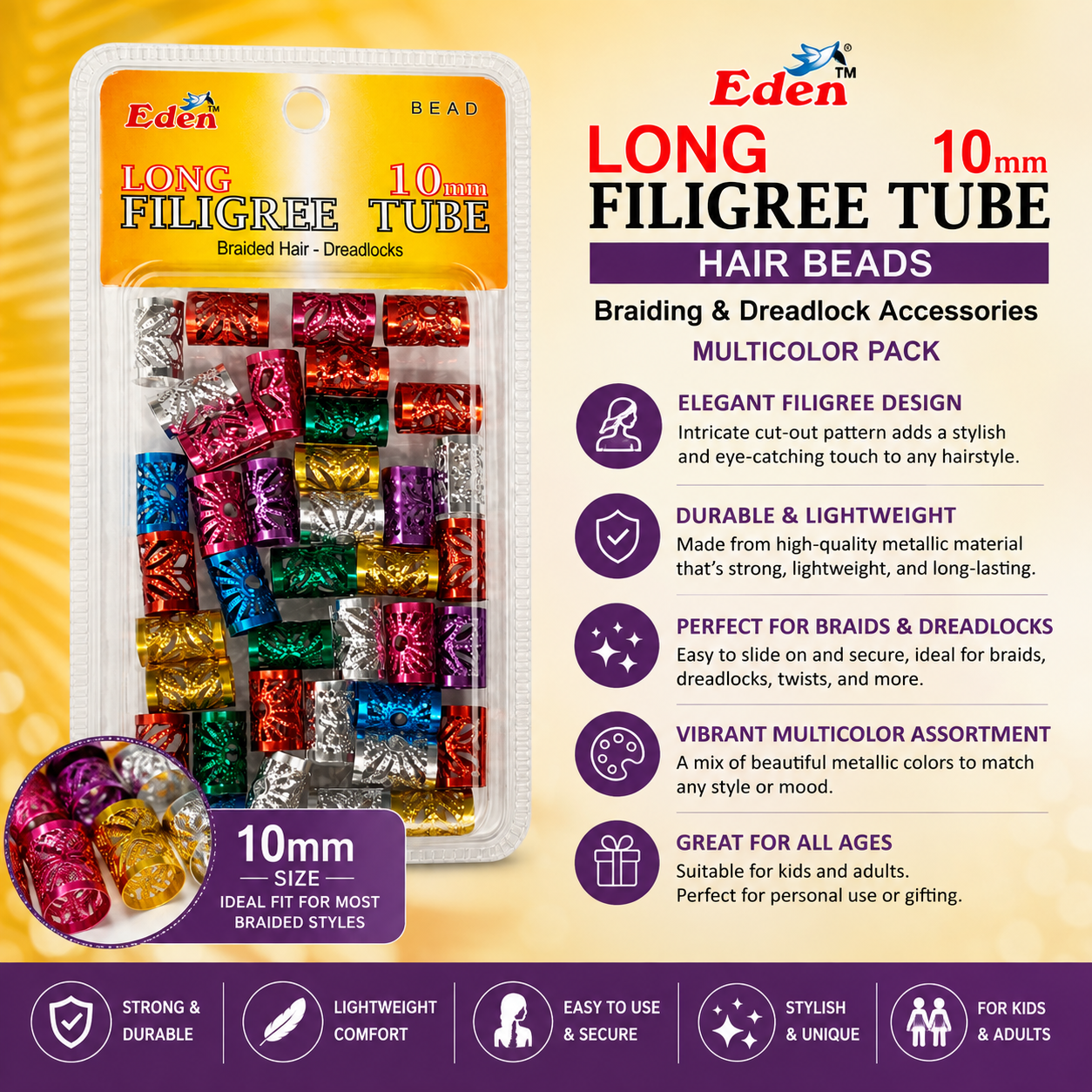 Eden – Long Filigree Tube Hair Beads 10mm Metallic Braiding & Dreadlock Accessories, Multicolor Pack EDEN