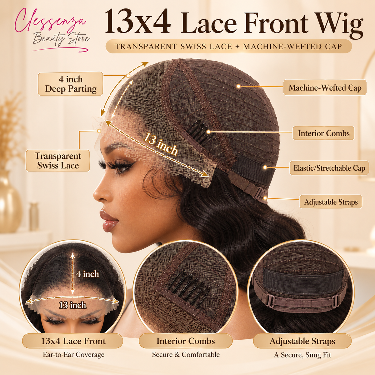 13×4 Lace Front Human Hair Wig – Body Wave 26″ Natural Black Clessenza Beauty Store