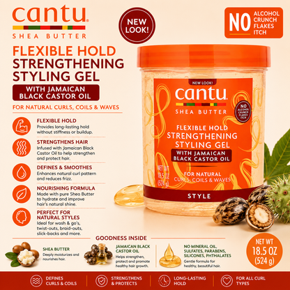 Cantu – Shea Butter Flexible Hold Strengthening Styling Gel with Jamaican Black Castor Oil, 18.5 Oz