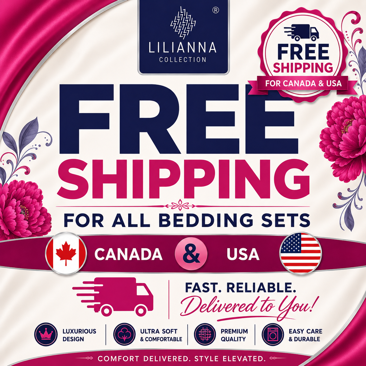 Advertisement for LILIANNA Collection bedding sets with free shipping for Canada and USA, featuring pink flowers and a truck icon.