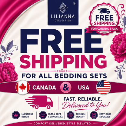 Advertisement for LILIANNA Collection bedding sets with free shipping for Canada and USA, featuring pink flowers and a truck icon.