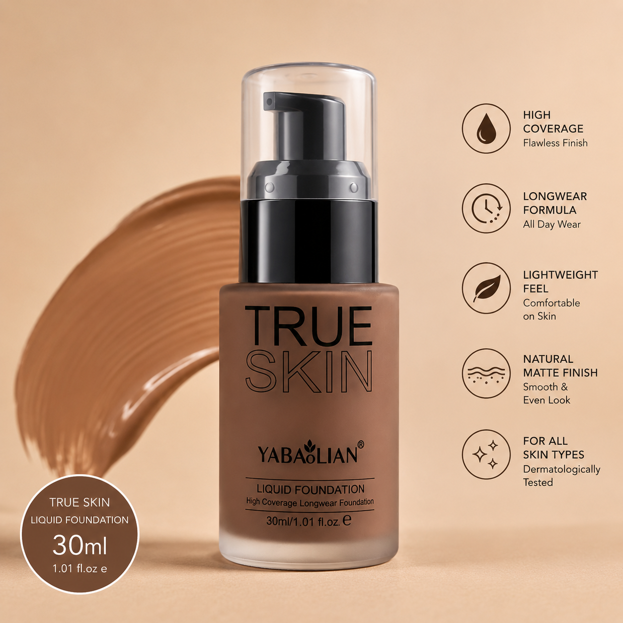 Fond de Teint Liquide True Skin Yabaolian – Haute Couvrance Longue Tenue Mat 30ml