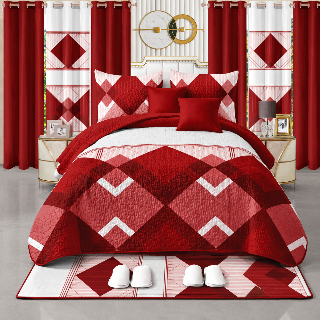 Ensemble de Literie Luxe Rouge à Motif Losange 24 Pièces King avec Rideaux et Accessoires de Salle de Bain