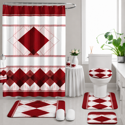 Ensemble de Literie Luxe Rouge à Motif Losange 24 Pièces King avec Rideaux et Accessoires de Salle de Bain
