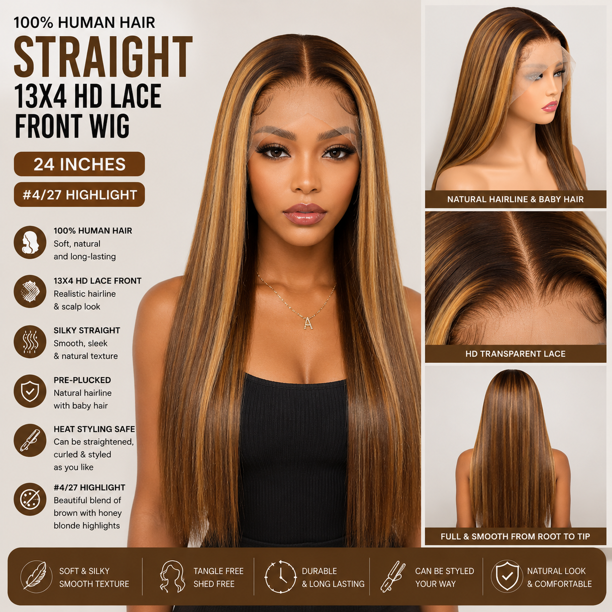 24″ Human Hair Lace Front Wig – Straight Texture, 13×4 HD Lace, #4/27 Highlight