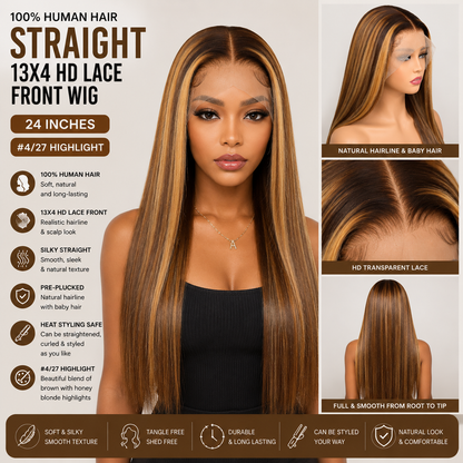 24″ Human Hair Lace Front Wig – Straight Texture, 13×4 HD Lace, #4/27 Highlight