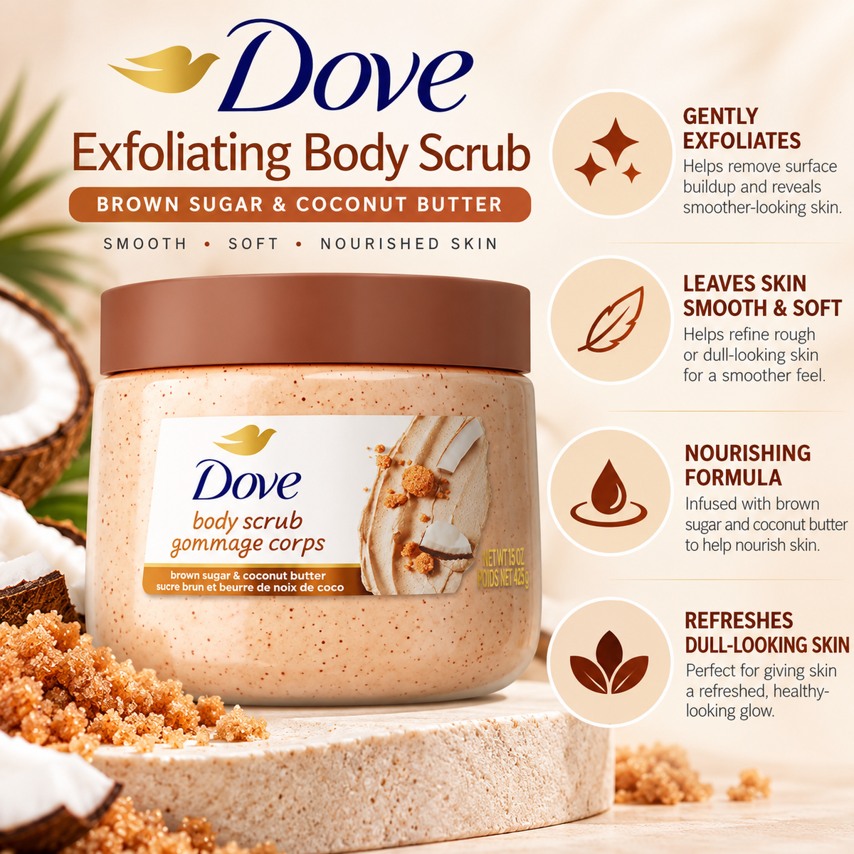 Dove – Exfoliating Body Scrub Brown Sugar & Coconut Butter, 425g Dove
